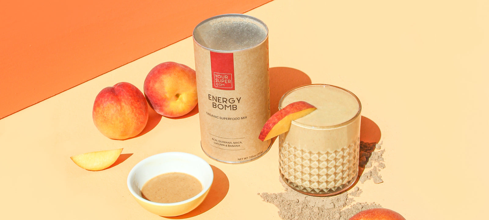 Energy Bomb smoothie and peaches layout