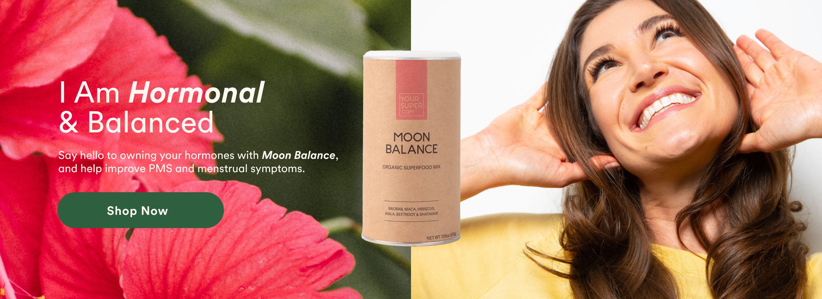 A smiling woman cupping her ears. A can of Moon Balance Mix